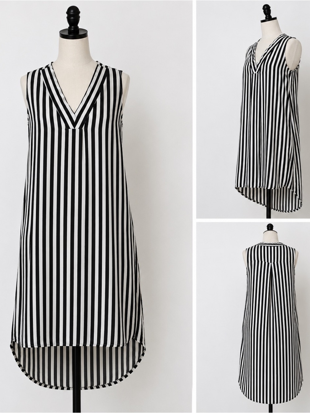 H&M Women’s Size 2 Black White Striped Sleeveless V Neck Shift Dress High Low